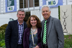 (l-r) Garden designer Patrick Collins with Sarah Collins, First Touch director, and Nicholas Owen, newsreader