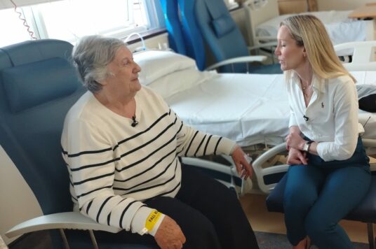 A patient being interviewed by ITV News at SWLEOC