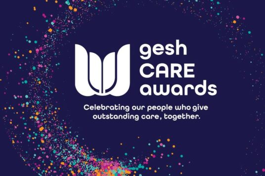 Blue background with swirls with the words 'gesh CARE awards' next to a logo