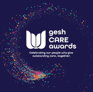 Blue background with colourful swirls with the words 'gesh CARE awards'