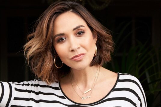 Myleene Klass wears a black and white striped stop