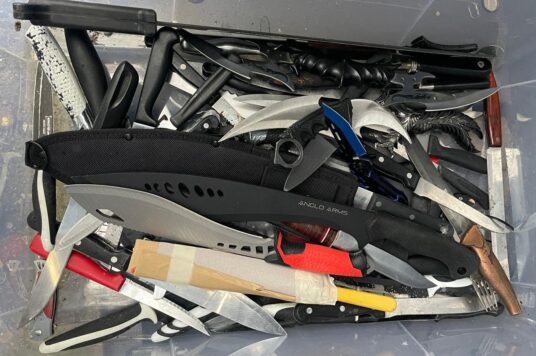 A bin with lots of weapons including Zombie knives